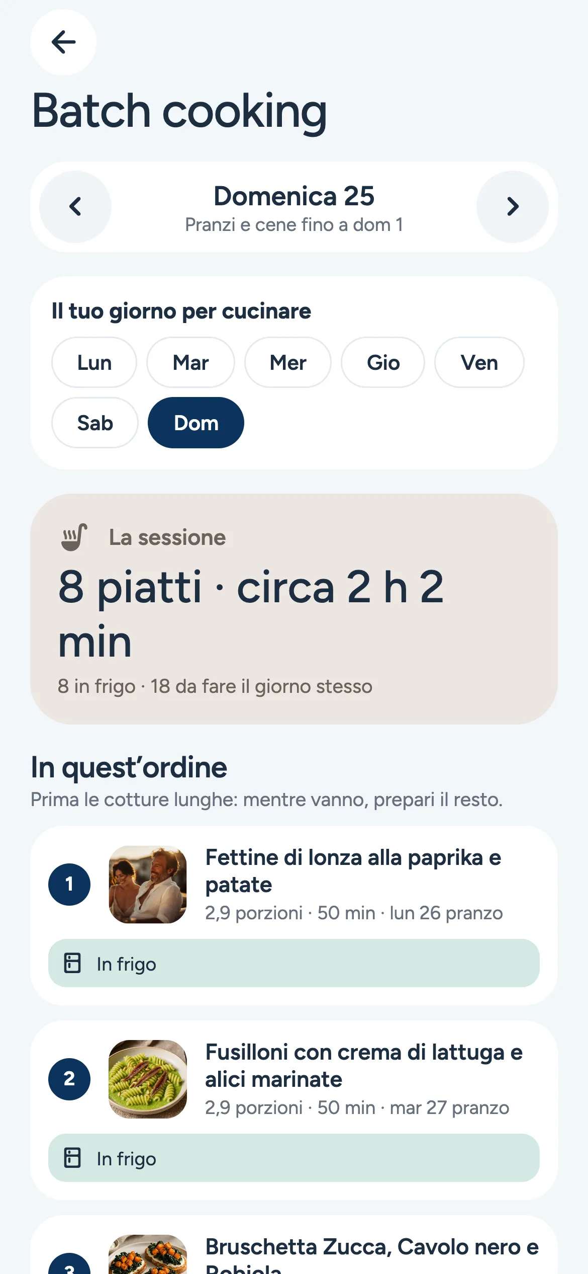 Schermata di PuffinPlan: batch cooking