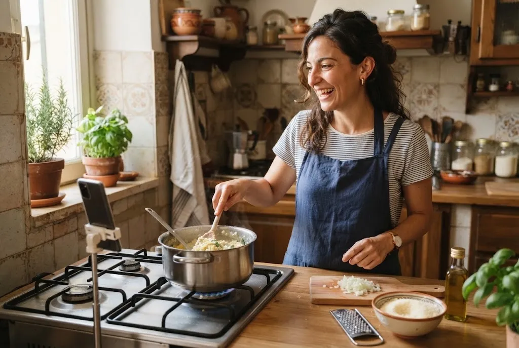 Donna che cucina un risotto seguendo la ricetta sul telefono appoggiato accanto ai fornelli