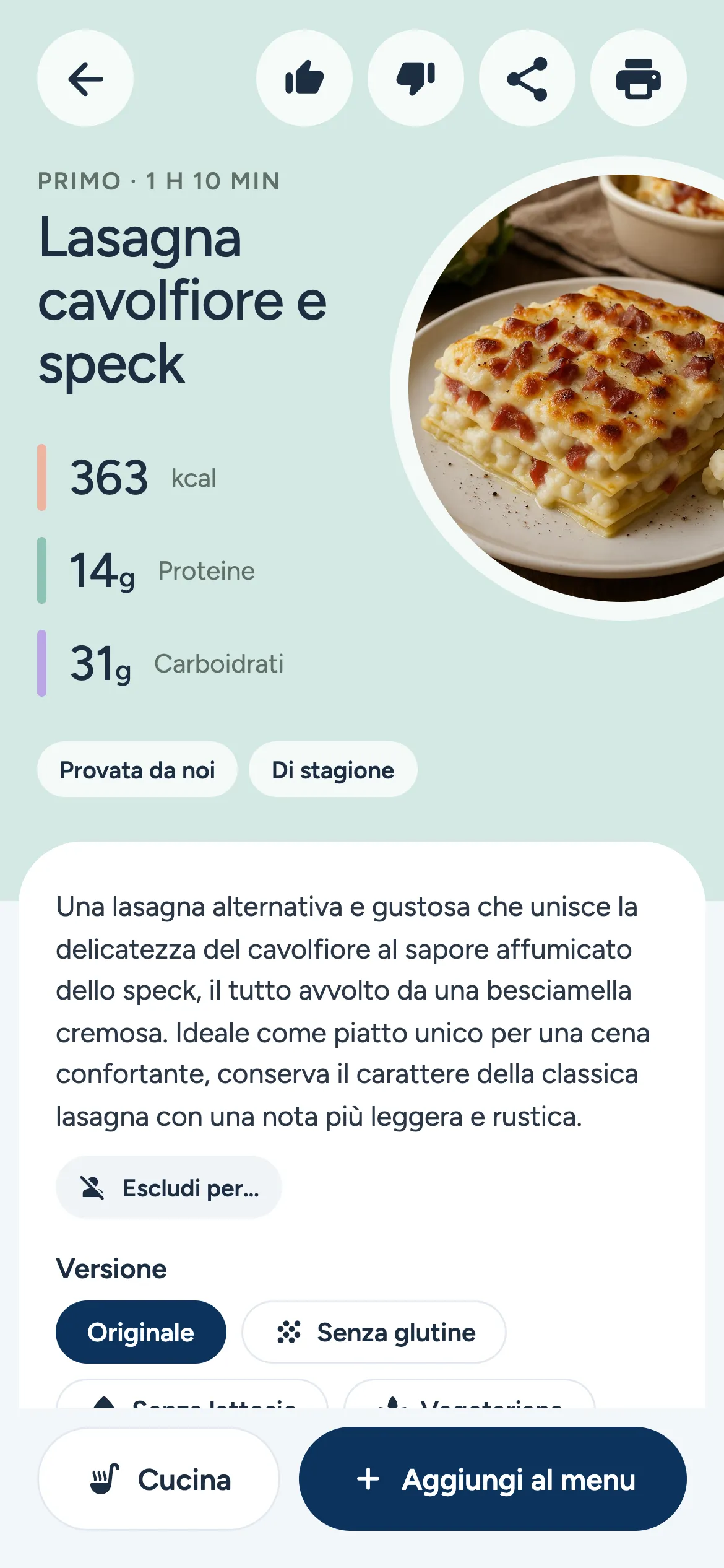 Schermata di PuffinPlan: diete e alternative