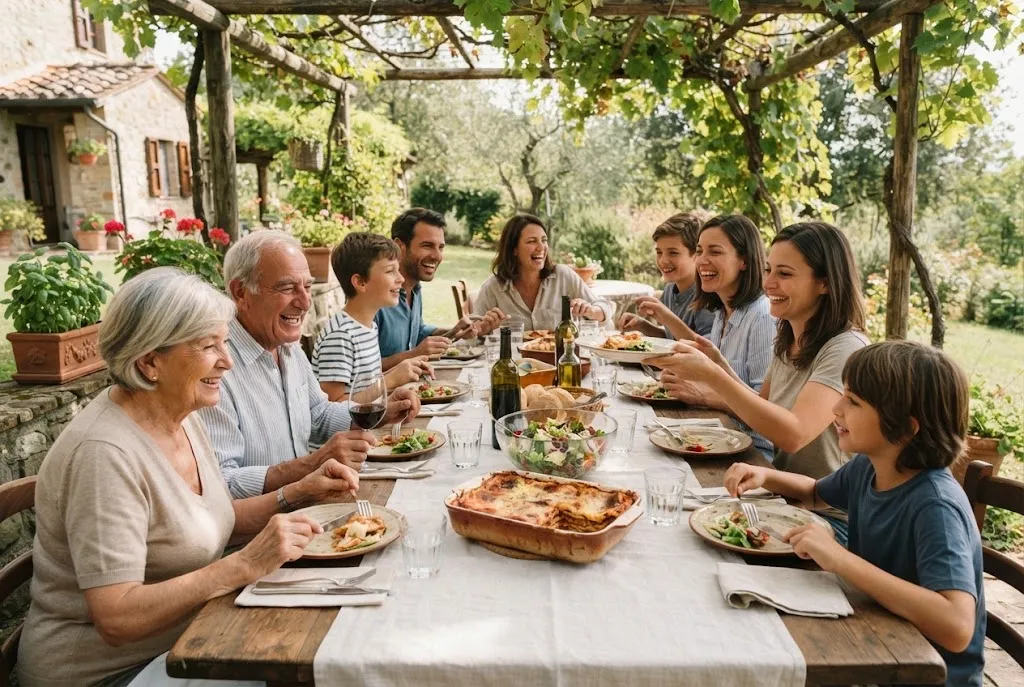 Tavolata della domenica con lasagne e insalata sotto un pergolato