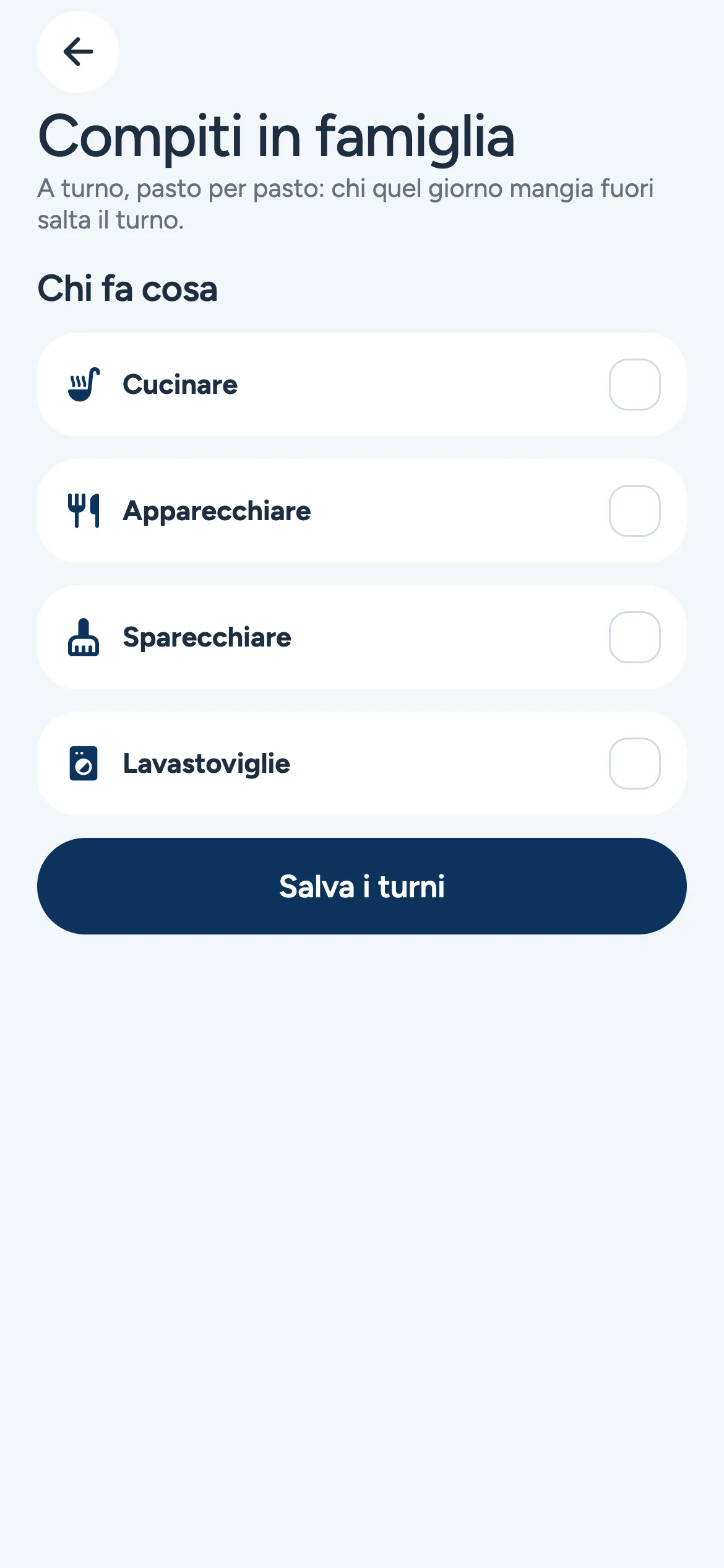 Schermata di PuffinPlan: famiglia e votazioni