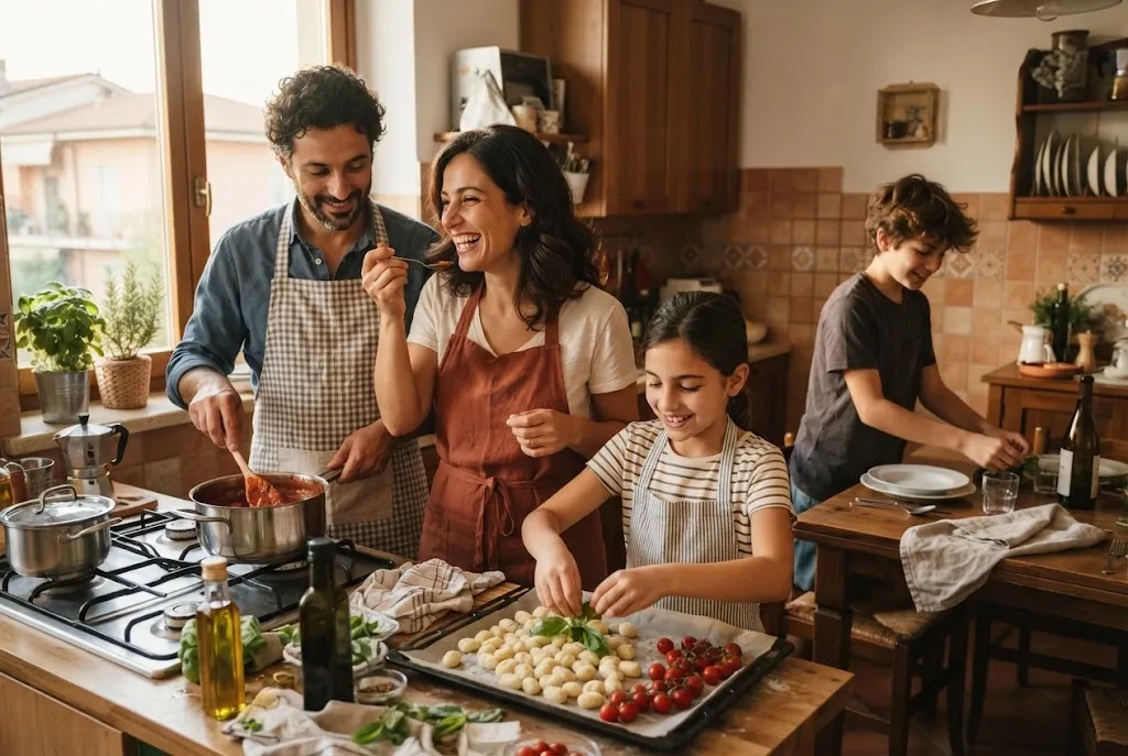 Famiglia italiana che prepara insieme la cena del menu settimanale in una cucina di casa
