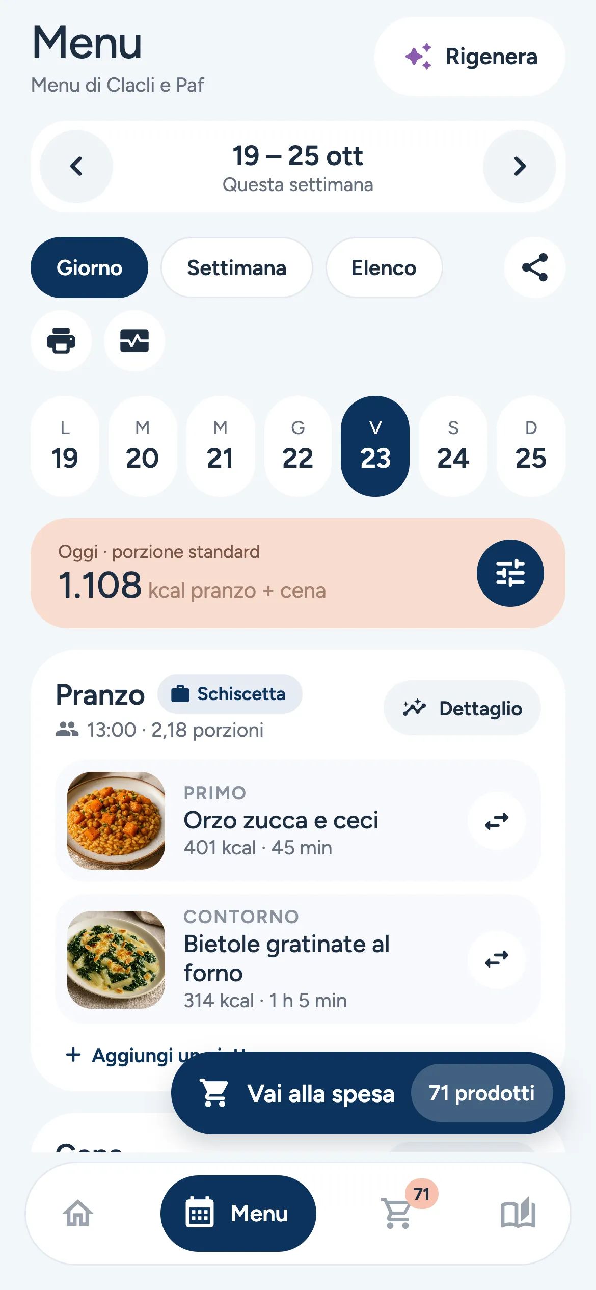 Schermata di PuffinPlan: menu settimanali