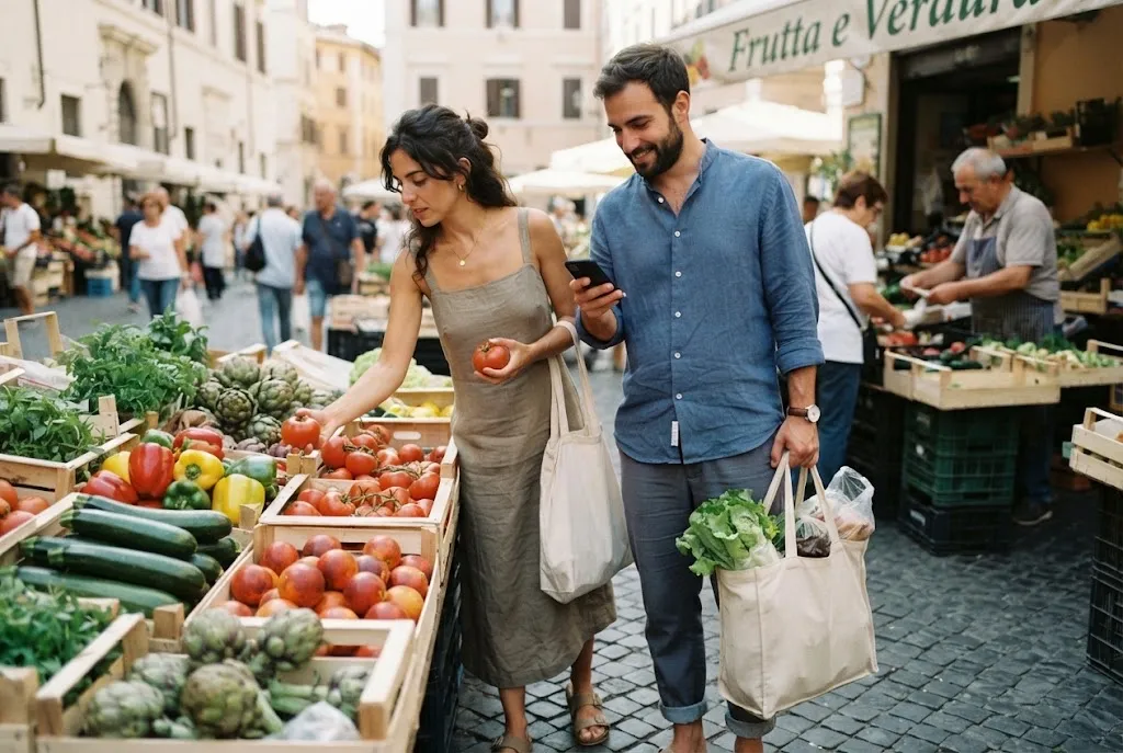 Coppia al mercato rionale che sceglie i pomodori con la lista della spesa sul telefono