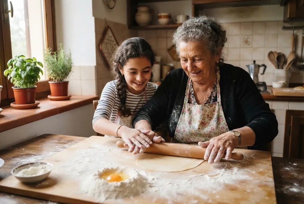 Nonna e nipote preparano le tagliatelle fatte a mano su una spianatoia di legno
