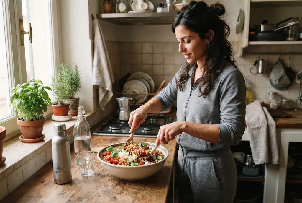 Ragazza sportiva che prepara un’insalata di farro con ceci e pomodorini dopo l’allenamento