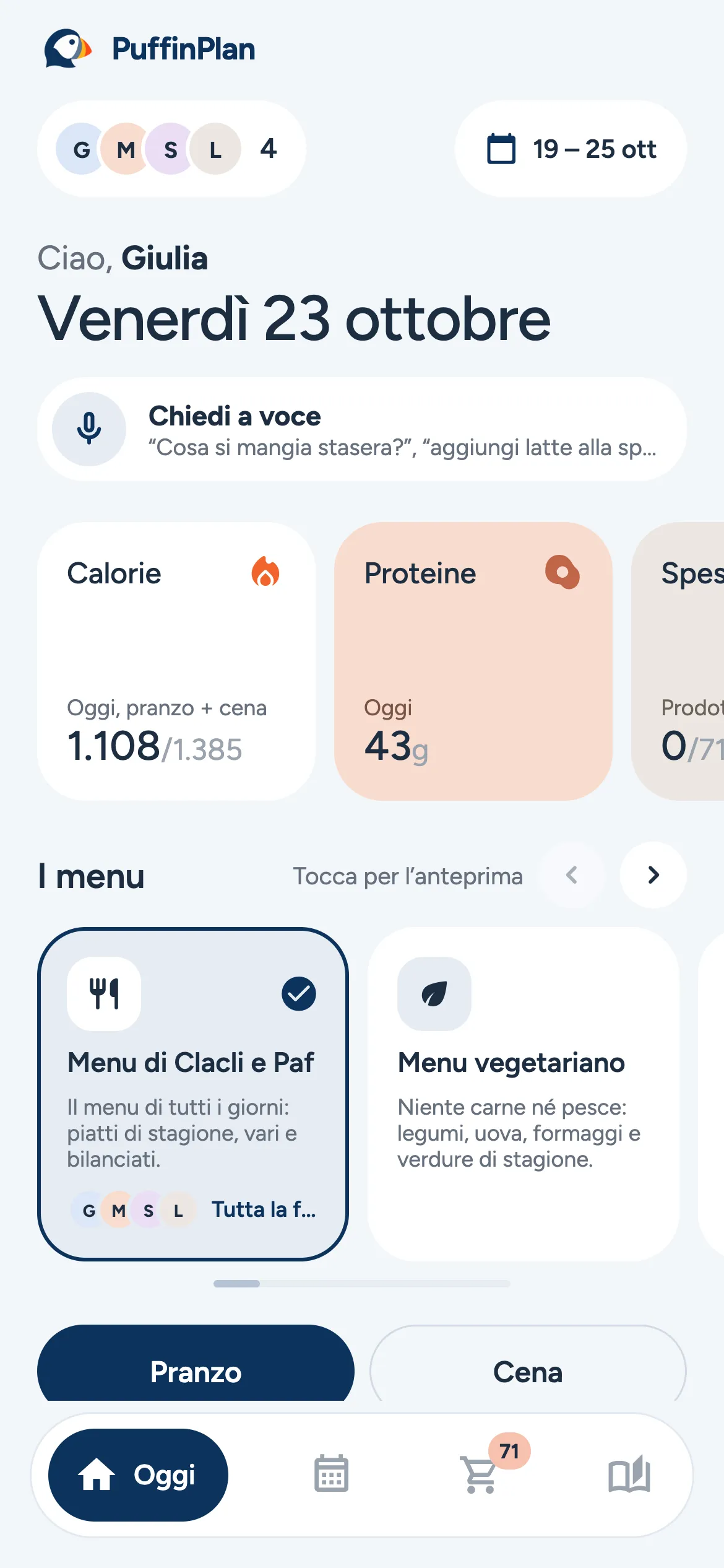 Schermata Oggi di PuffinPlan con il pranzo e la cena del giorno