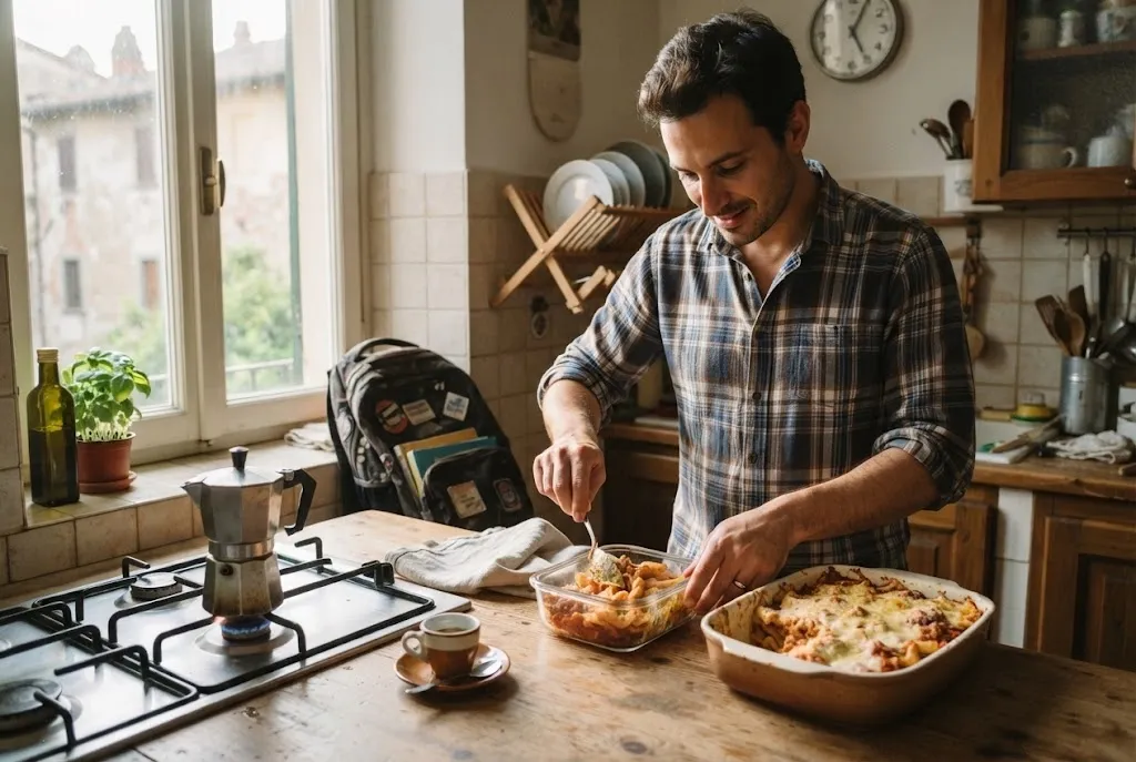 Papà che mette la pasta al forno avanzata nella schiscetta per il pranzo al lavoro