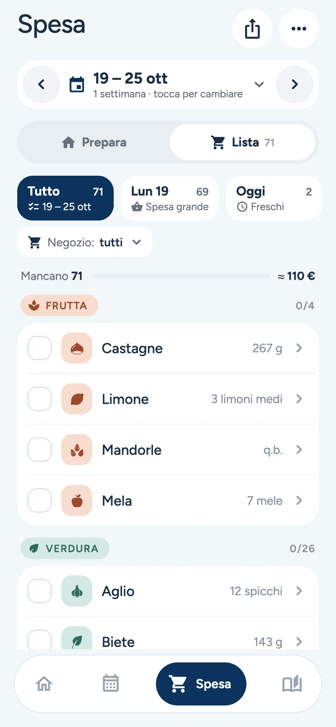 Schermata di PuffinPlan: lista della spesa