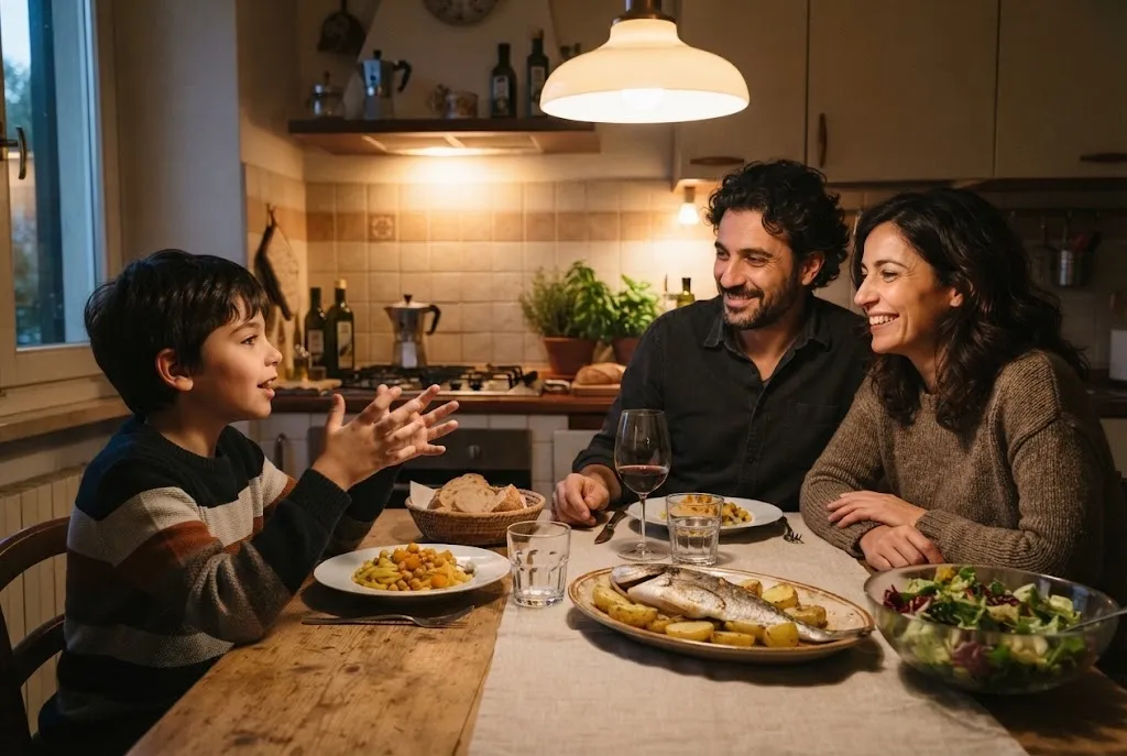 Famiglia italiana a cena in cucina con pasta, zucca e ceci e orata al forno del menu settimanale