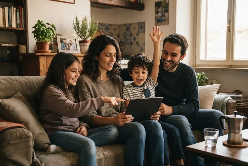 Famiglia sul divano che vota con il tablet cosa mangiare a cena